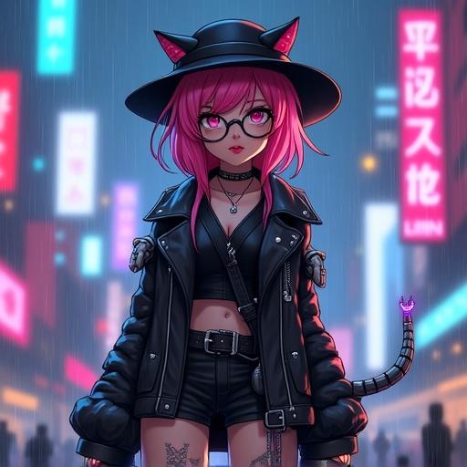 Female character with pink hair and black hat with cat ears wearing leather jacket and gothic boots. Cyberpunk setting with neon signs in background. Clear face with round glasses, black nails, red lipstick. Cybernetic tattoo on leg, glowing glaive with blue and purple circuits. Full body visible in rainy environment.