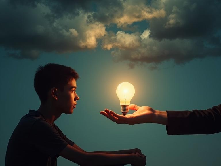 A person sitting in shadow with worry-clouds overhead. A hand offers a glowing lightbulb.