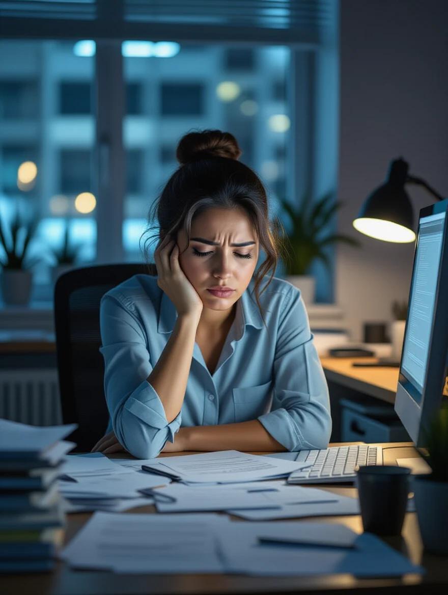 Tired office woman sitting at desk with a cluttered workspace at night. Dim lighting creates a cinematic atmosphere. Woman shows an exhausted expression. Papers are scattered around her. Glowing computer screen adds to the scene. Photorealistic style with natural colors and shallow depth of field.