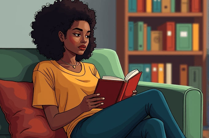 A woman with curly hair sits on a couch engrossed in a book, with a background of a bookshelf filled with colorful books.