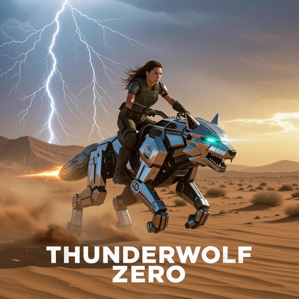 Hailee Steinfeld in battle gear rides a chrome mechanical wolf through a stormy desert. Lightning strikes in the background. Wolf’s armor glows. High-speed motion effects accentuate the scene.