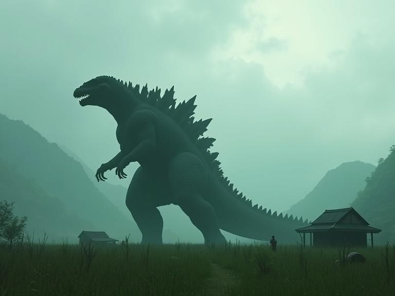 A huge 300 ft tall monster silhouette resembles Godzilla walking across a grassy landscape. Small village below with tiny people. Mountains rise in the background under a cloudy and foggy sky. Dark green tones dominate the image, giving it an atmospheric effect.