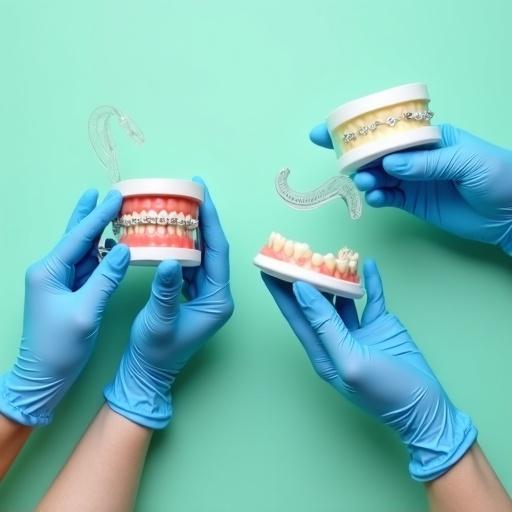 High-resolution photo of four hands in blue medical gloves. Each hand holds different dental tools and models. One hand holds clear aligner. Another holds upper full denture. Another holds lower jaw model with braces. Another holds clear dental retainer. Background is mint green. Soft even lighting shows clinical cleanliness and professionalism.