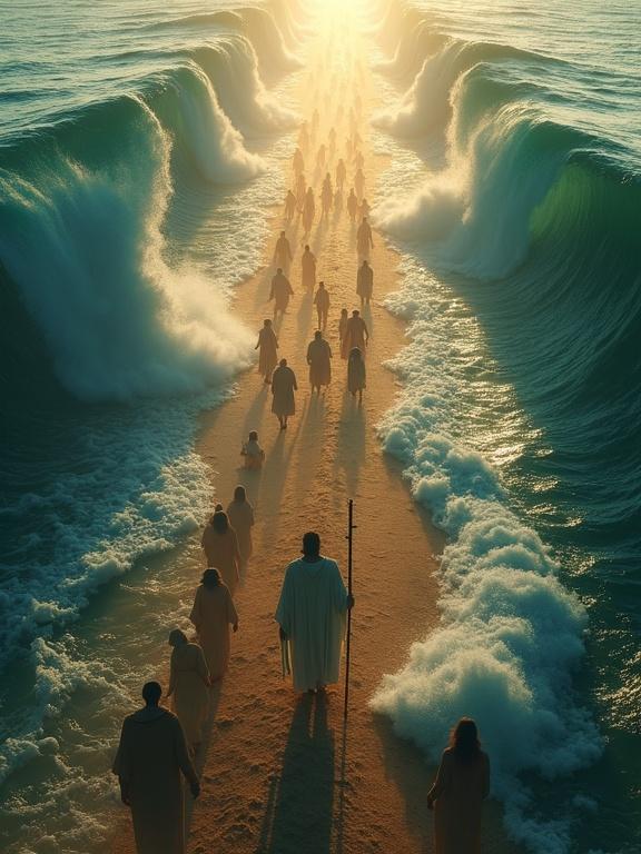 Top-down view of Moses parting the Red Sea. A multitude of Israelites follows him in flowing robes. The parted sea reveals a dry seabed with puddles. Moses, holding a wooden staff, is illuminated by divine light. Massive vertical streams of water rise on either side, with visible fish inside. The scene captures motion, depth, and divine grandeur in rich detail.
