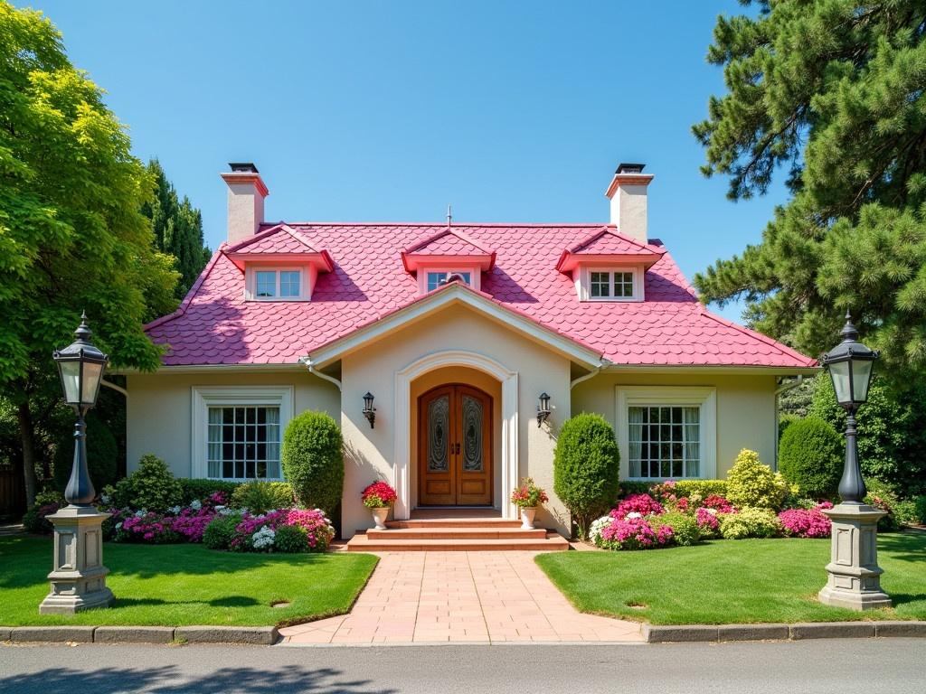 The image shows a beautiful, large house with a striking pink rooftop. The facade of the house is painted in a soft beige color, which contrasts nicely with the vibrant garden in front. Colorful flowers, including pinks and yellows, border the walkway leading to the entrance. Lush green trees are positioned on either side of the house, providing a serene atmosphere. A decorative lamppost is visible on the left side of the image, enhancing the elegant feel of the property. The bright blue sky completes the picturesque scene, giving the image a cheerful and inviting character.