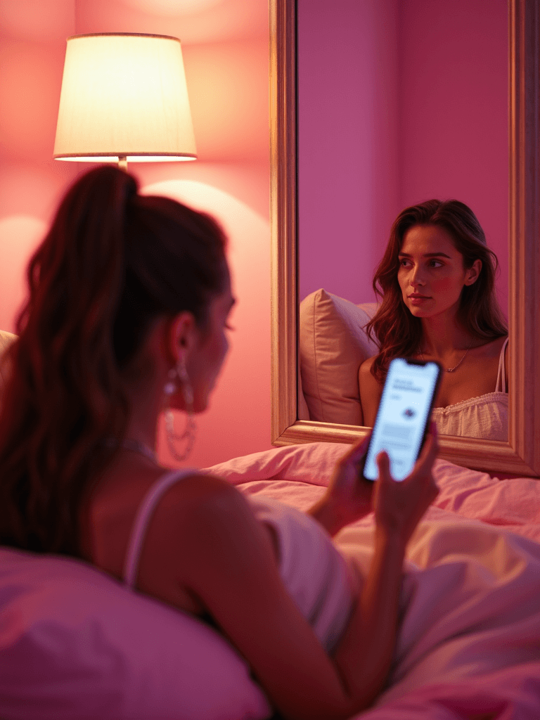 A woman in a pink-lit bedroom gazes at her reflection in the mirror while holding a smartphone.