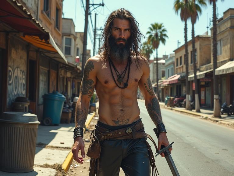 A young male with long beard and hair standing in a dirty downtown area. He is shirtless and muscular, wearing black leather pants. He holds a sword in his right hand. The street has trash and palm trees, with storefronts and power lines.
