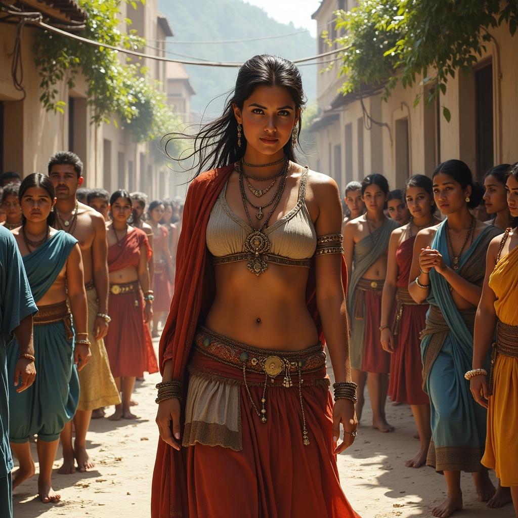 Cultural procession in a vibrant setting. People wearing traditional attire. Historical elements present. Community atmosphere created by clothing and scenery.