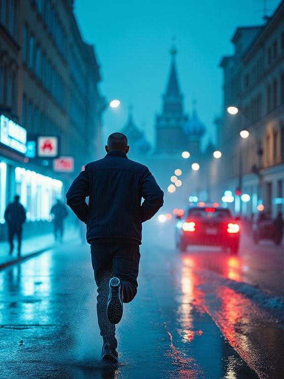 Photorealistic shot of a dark-cropped-haired man running through rain-slicked streets of Moscow. Blue neon storefronts reflect in puddles. Distant Kremlin spires pierce the stormy sky. Breath forms mist in cold air. Security camera lights blink red. Blurred police sirens approach through downpour.
