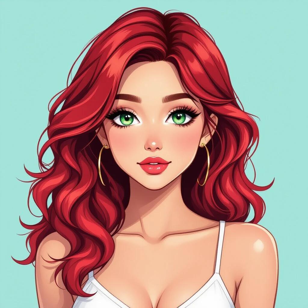 Anime style character with wavy platinum red hair. Striking green eyes and neutral expression with slight pout. Wearing white spaghetti strap top. Light blue background. Focus on face and upper body. Aspect ratio 16:9.