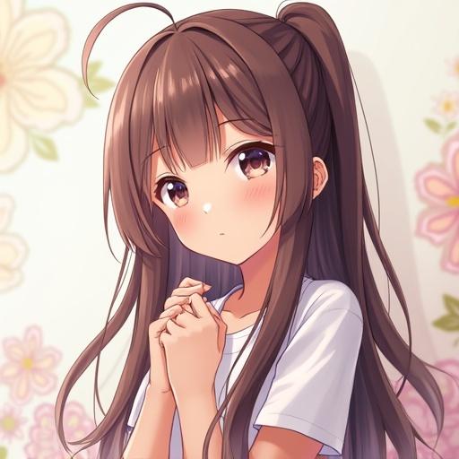 Anime girl has straight hair and a soft expression. She is wearing a simple white shirt. The background features floral patterns. Her hands are clasped, conveying a sense of innocence and wonder.