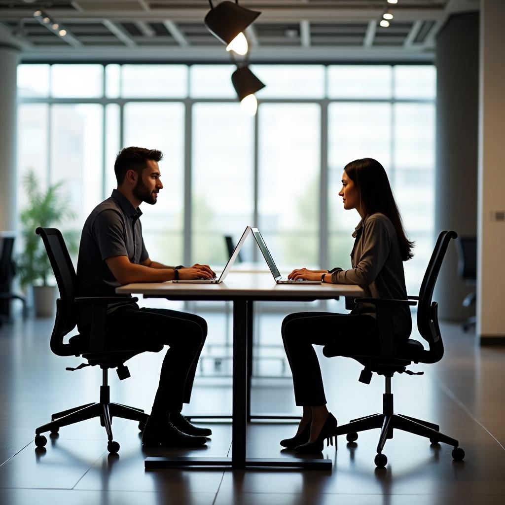 In a modern office, two professionals work diligently across from each other at a sleek desk. They are both focused on their laptops, highlighting a collaborative atmosphere. The bright, natural light comes through large windows, creating an inviting workspace. The individuals are dressed in professional attire, emphasizing a business setting. This image captures the essence of teamwork and productivity in the workplace.