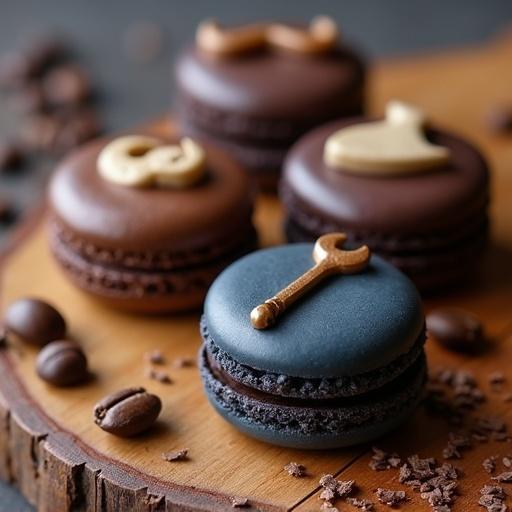 4K close-up of 'Dad's Favorite' macarons on wooden board. Deep rich colors like dark chocolate coffee and smoky blue. Decorated with mustache golf club and wrench. Scattered roasted coffee beans and chocolate shavings. Soft focused lighting highlights details.