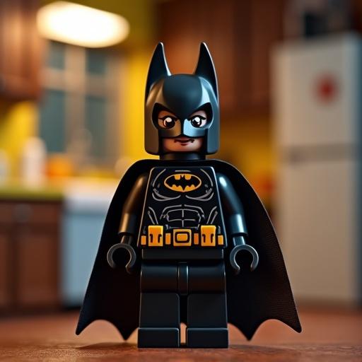 A Lego Batman figure stands prominently in a kitchen. He is black with a cape and a yellow utility belt. The background has wooden cabinets and a warm yellow light.