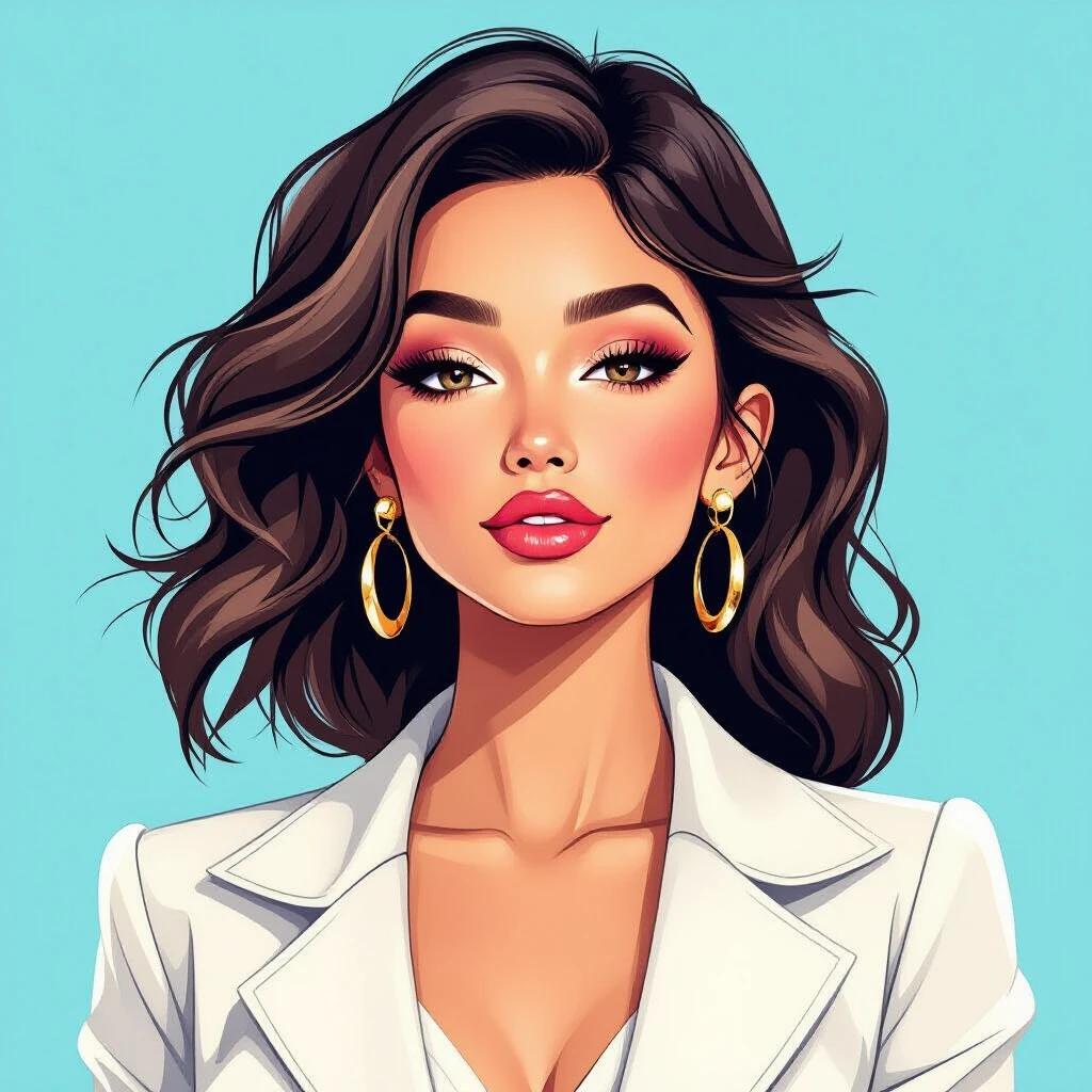 A portrait of a woman with captivating style. She has wavy hair. She wears stylish earrings. The background is soft blue. The focus is on her hair and outfit. The illustration has a modern touch.