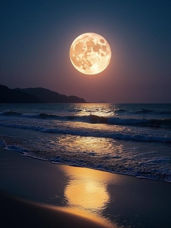 The image depicts a large full moon over a beach at night. The moon has visible craters and markings. Light from the moon creates a shimmering reflection on the ocean. The sky is deep blue fading into purple and pink. The water reflects a golden hue. The scene feels calm and magical.