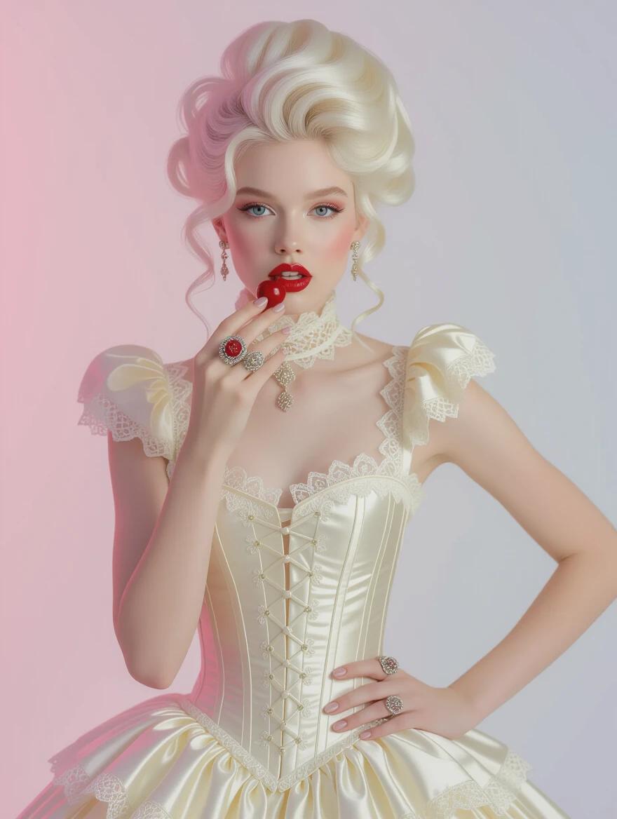 Photograph of a stylish young woman with pale skin. She has platinum blonde hair in a voluminous updo. Wearing a cream-colored lace-trimmed corset. Holding a red cherry near her lips. Wearing elegant jewelry on her right hand. The background is a gradient of pink and white. Bright, even lighting and no harsh shadows. Medium close-up shot. Eye-level perspective focusing on her expression and outfit details.