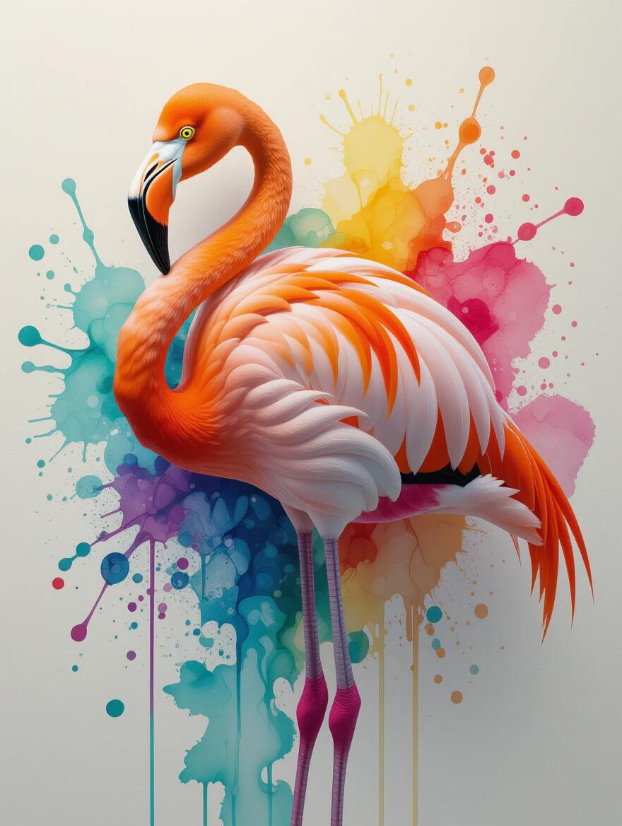 A hyperrealistic flamingo stands majestically. Background features vibrant, colorful splashes. Artistic style incorporates elements of Brian Mashburn and Mikalojus Konstantinas Ciurlionis. The flamingo showcases electric colors and intricate details. The artwork is fluid and organic.