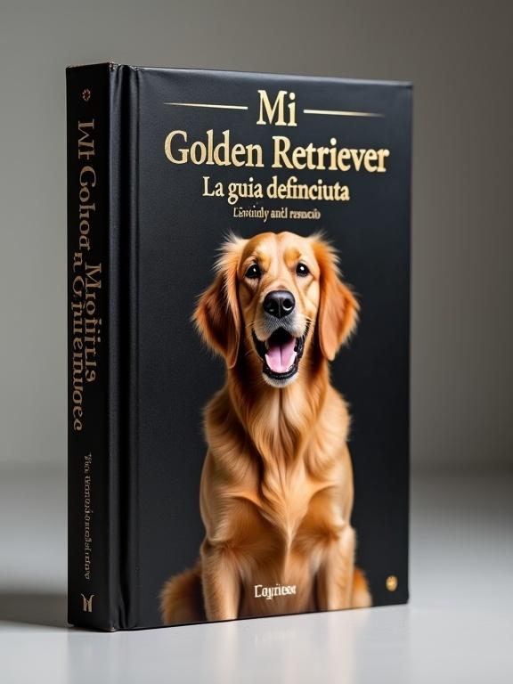 A book titled Mi Golden Retriever La guía definitiva with a luxurious black cover and gold lettering. A happy, golden-coated Golden Retriever at the center looking directly forward. The book stands perfectly vertical on a smooth surface, centered.