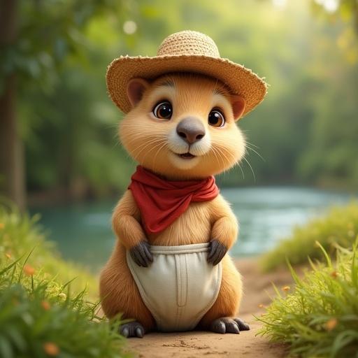 A baby capybara with a round body and short legs. Soft light-brown fur with small ears. Wide flat nose, big friendly eyes. Sitting calmly near a river in tropical grassland. Dressed in white pants and a red sash, straw hat placed back. Heartwarming and photorealistic style.
