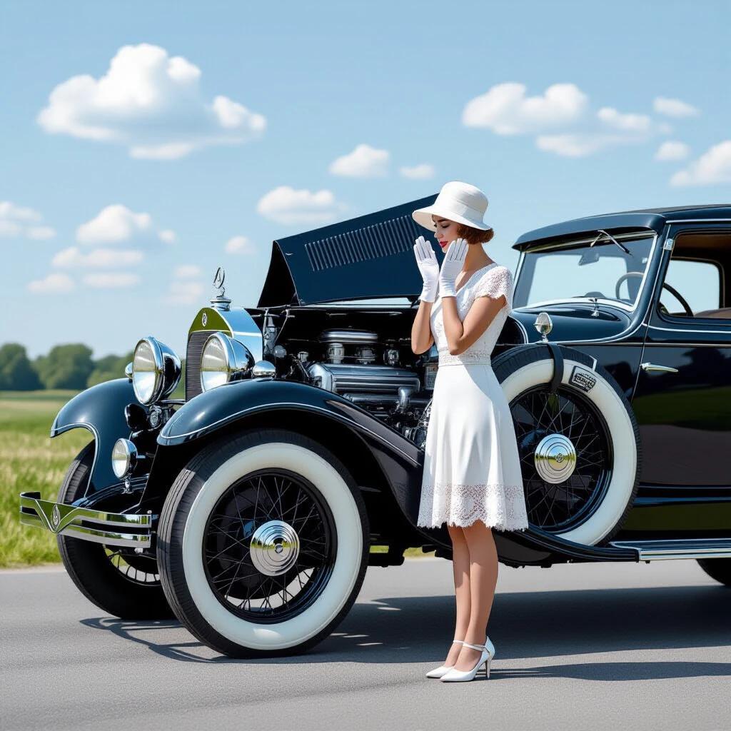 Photorealistic image of a woman in a white lace dress and cloche hat. She stands beside a vintage Mercedes-Benz 18/100 PS Sportwagen. The car's hood is open showing its straight-six engine. Steam erupts from the radiator. The woman leans over the fender with palms on her cheeks, eyes directed at the carburetor, expressing comedic despair. The setting is a misty mountain pass during golden hour.