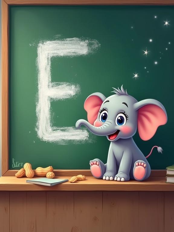 Cartoon illustration of a green chalkboard showing cheerful letter E drawn in white chalk. Elephant with big eyes and arms sits on ledge holding the letter with its trunk. Fun details include chalk dust, scattered peanuts, and wooden frame. Style features soft pastel colors, warm lighting, hand-drawn textures in a cozy classroom.