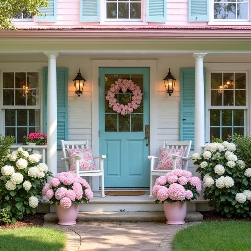 Bright sunny day with full view of a light pink and white cottage featuring six windows with shutters and flower boxes. Cottage has a front porch and a pink roof. The door is light aqua with a rose and hydrangea wreath. Large light pink flower pots filled with roses and hydrangeas. Two foot tall light aqua lanterns beside the pots with candles. Little lights on the wreath and interior lights visible. Front porch swing with pillows.