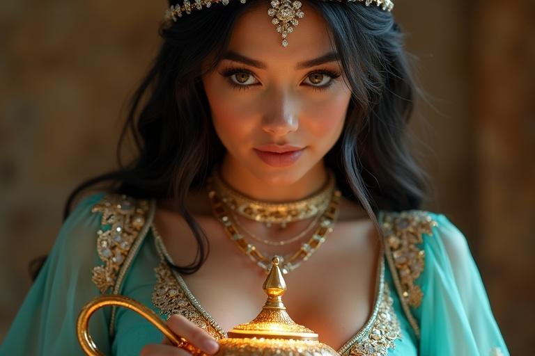Close-up of a woman in turquoise Arabian princess-style outfit with ornate gold embroidery and sheer overlay pants. Black shiny hair, deep V-neckline bordered with gold trim. Bold jeweled headpiece. She uncovers a glowing golden lamp with intricate engravings. Light reflects in her eyes. Expressing amazement.