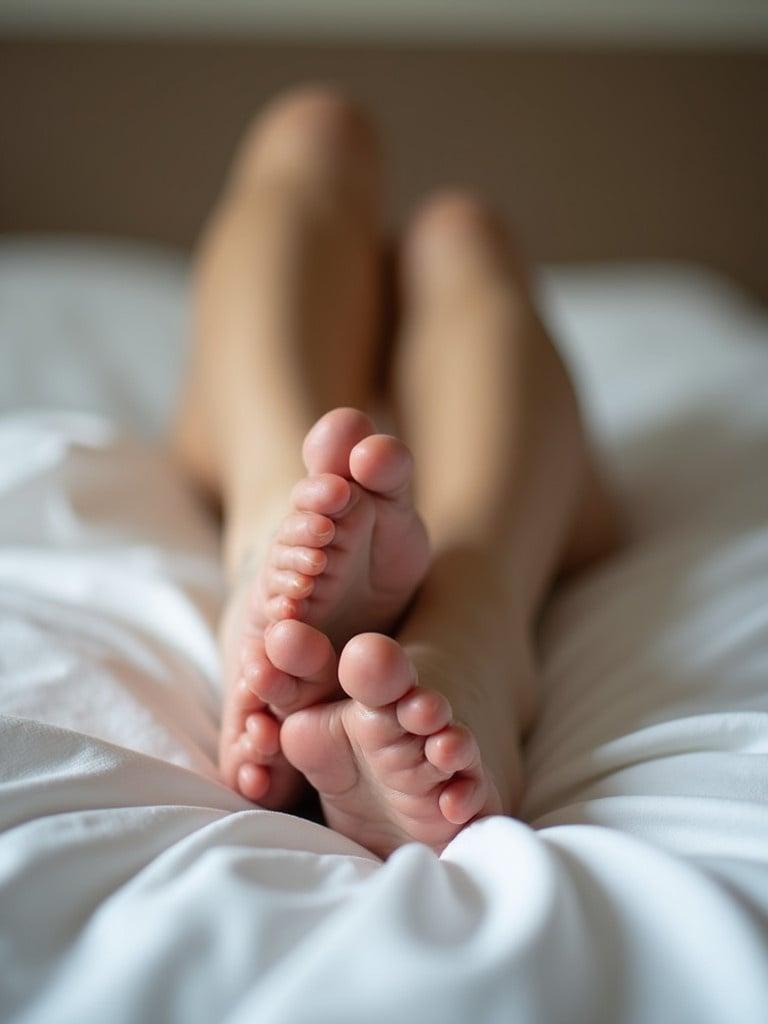 Bare feet resting on a bed. Image feels serene and relaxing. Soft sheets and warm light. View focuses on feet positioned comfortably. Neutral background blurs gently.