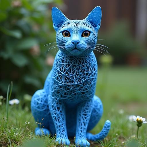 Blue wire frame cat sitting in garden. Low poly design. Frame only with hollow body.