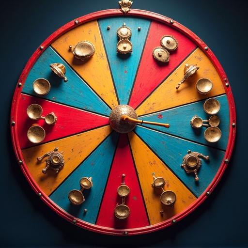 Creative spin wheel designed for TikTok showcasing 12 music percussion instruments. Wheel features vibrant colors in a Wheel of Fortune style, aimed to be dynamic, fun and engaging.