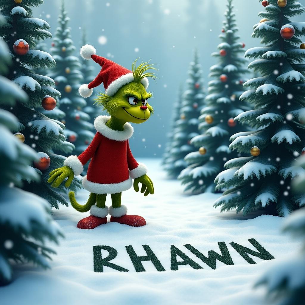 Grinch outside in snowy winter. Surrounded by Christmas trees. Writing 'RHAWN' in snow.