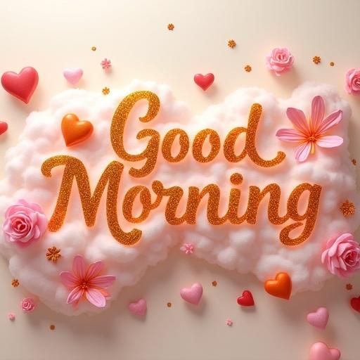 Hyperrealistic 3D render of letters saying Good Morning. Letters made of soft glowing clouds with gold pink orange flowers. Surrounded by pink gold hearts and swirls. Soft ivory background with warm light.