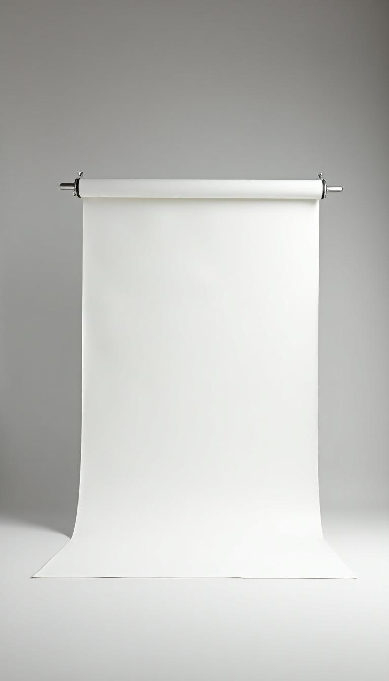 Empty photo studio designed in a minimalist style. Features a white backdrop roll. Ideal for fashion photography. Size ratio is 9:16.