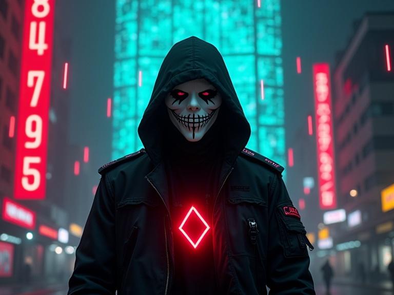 Mysterious figure in black tactical hooded jacket. Cyberpunk cityscape at night. Distinctive white mask with eerie smile and angular eyes. Tactical jacket with shoulder emblems and glowing red diamond emblem. Background with floating red holographic numbers. Large cyan geometric windows illuminating the scene. Neo-noir digital art style with contrasts of light and shadow. Portrait with dramatic rim lighting and neon accents.