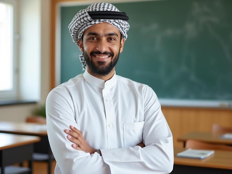 Medium photo of Omani male teacher in white dishdasha and patterned turban. The teacher smiles confidently in a bright classroom. Wooden desks and a chalkboard are seen. Natural light enters through the window.