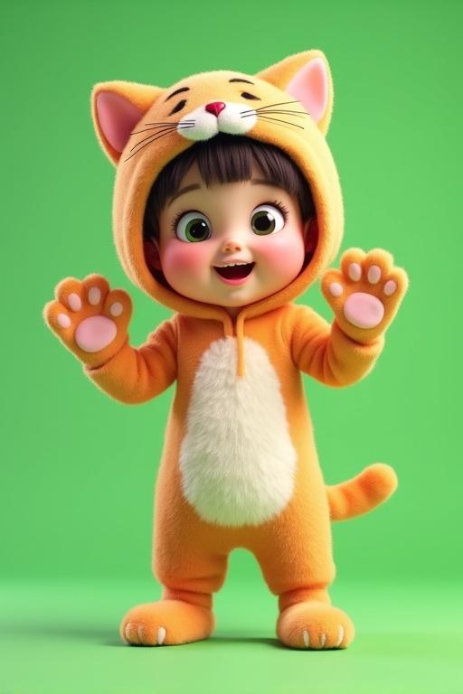 3D animated child in a cat costume featuring soft fur texture with hood cat ears and tail. Child has large expressive eyes and a cute smile. Striking a playful pose. Colorful and cartoonish style. Full-body shot with green screen background.