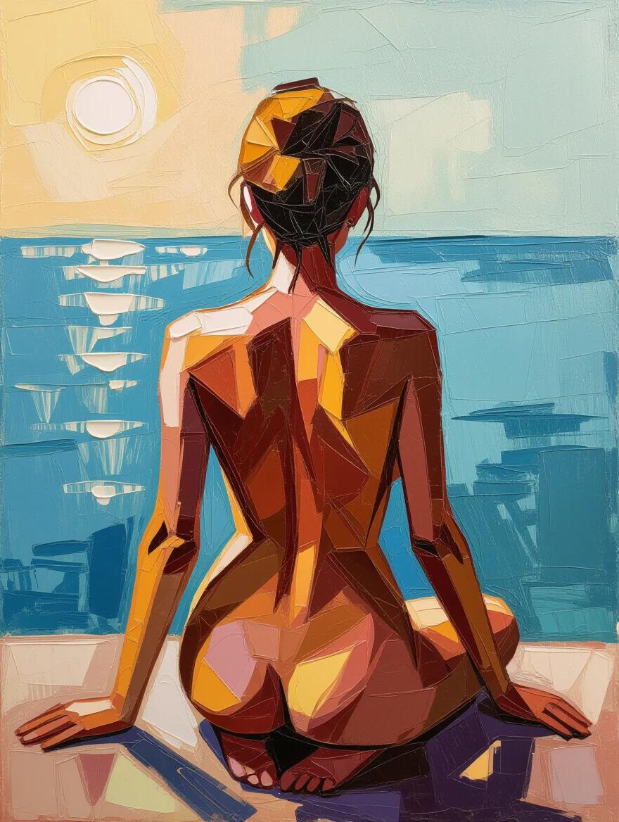 Highly textured encaustic impasto painting of a nude woman posed in the morning. Back view of the woman sitting on knees and palms. Thick raised brushstrokes create a sense of three-dimensional relief.