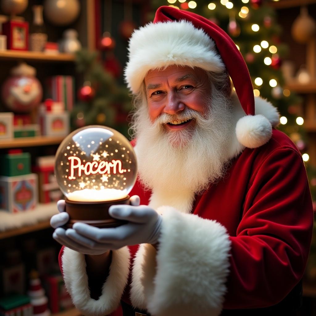 Santa Claus in red and white suit. Smiling while holding a snow globe. Snow globe displays the name 'Procern'. Backdrop of Santa's toy shop. Filled with Christmas decorations. Soft glow from the snow globe. Captures joy and magic of Christmas celebrations.