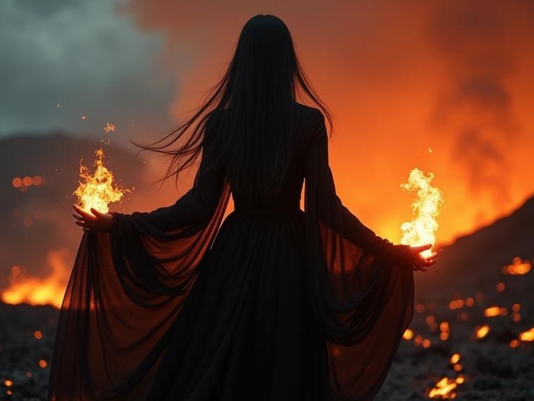 A woman stands in a volcanic landscape. She has long black hair and wears a flowing black dress. Flames flicker in her hands. The scene is dark and cinematic with smoke and glowing magma around her. Ash falls from the dark clouds above. Heat distortion adds to the dramatic effect.