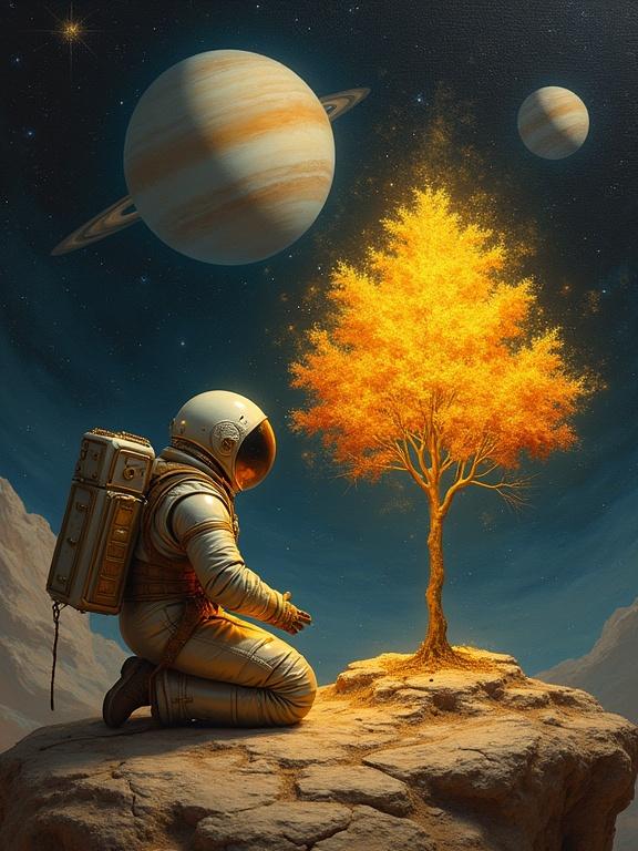 Vibrant 3D oil painting in 17th-century style depicts lone astronaut planting glowing tree on small asteroid. Astronaut wears bulky antique space suit. Kneeling beside radiant tree with luminous branches. Tiny asteroid is rocky floating in deep space. Background filled with vast rings of Saturn. Scene lit with dramatic chiaroscuro. Composition follows classical balance with rich textures.