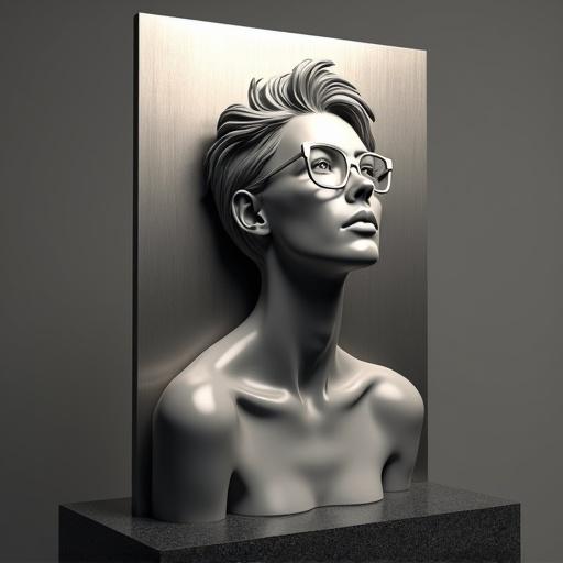 A 3D rendered relief sculpture on a brushed steel plate. The sculpture features a modern woman with small rectangle glasses and a tousled pixie cut. Her form has smooth curves and an upward gaze. The aesthetic is contemporary with minimal yet expressive facial features. The steel plate is on a dark polished concrete pedestal. Soft, diffused lighting highlights the sculpture's texture.