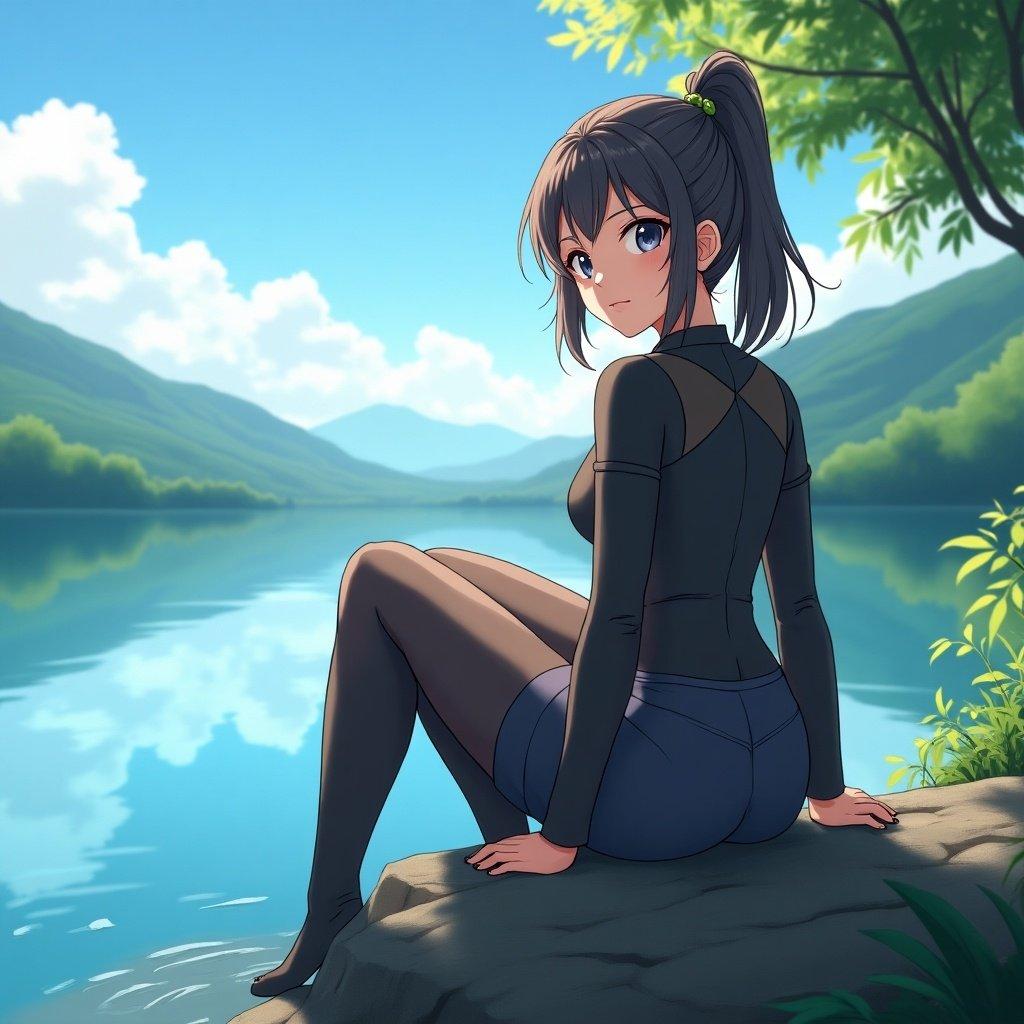 A girl sitting by a lake in a serene landscape. She wears form-fitting clothes. The scene is in a 2D anime style with high detail. Clear skies and lush greenery surround her.