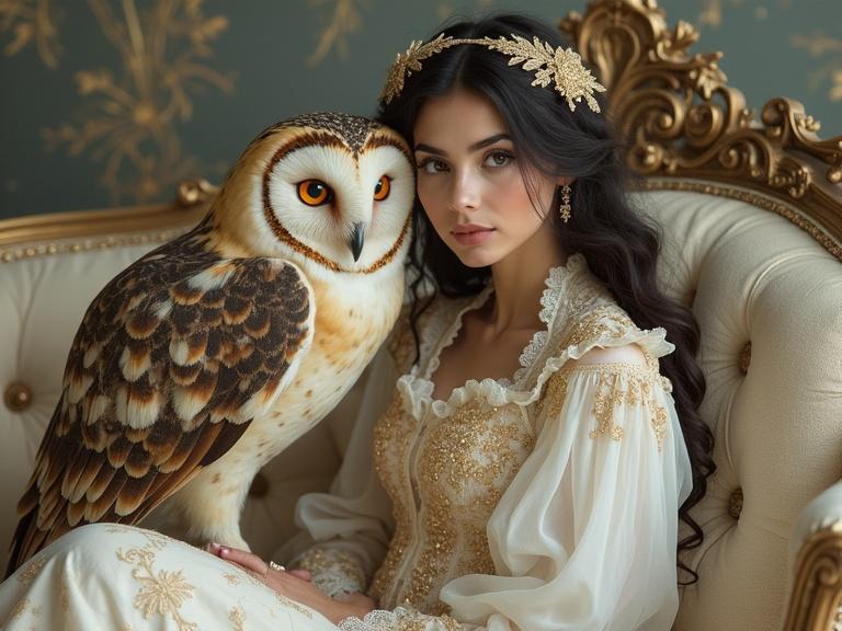 Whimsical illustration of a young Middle Eastern woman with porcelain skin and large eyes. Adorned in vintage clothing with lace and gold. A large owl sits beside her, feathers in soft browns and whites. They are on an ornate sofa in a Victorian parlor with a dreamy background.