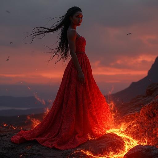 Dramatic fantasy illustration features powerful Black woman. She stands in a volcanic landscape at dusk. Gaze directed forward with resolve. Adorned in molten lava-inspired gown. Long fiery strands cascade like flames. Male vampire silhouette in background. Warm glow from lava and dusk sky creates an otherworldly atmosphere.