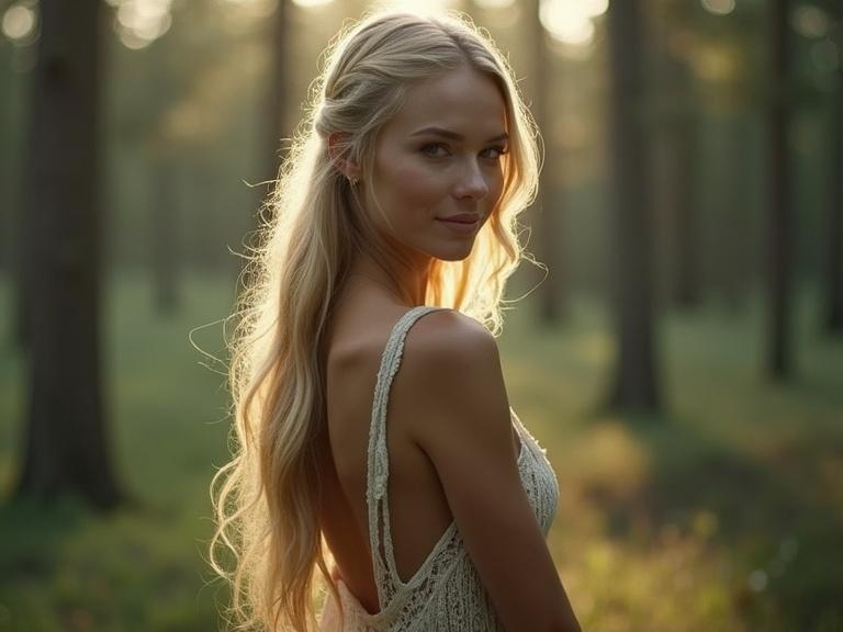A portrait of a beautiful blonde woman resembling a Norse goddess. She is wearing a backless dress with soft lighting. The setting is a serene forest with cinematic effects. The focus is on her hair and dress. The background is blurred with trees.