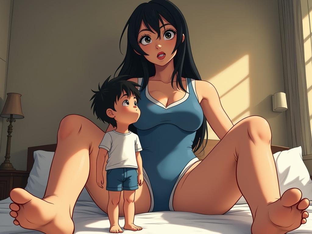 The image features a tall female character with long black hair and light skin, dressed in a blue and white outfit, showcasing a confident expression with her mouth slightly open and tongue out. The foreground highlights her large, well-defined feet, emphasizing their size in relation to a tiny male figure standing on a bed, looking up at her in awe. The composition uses a low angle perspective, accentuating the sense of scale and dominance, while warm, natural lighting filters through a nearby window, creating a cozy indoor atmosphere.