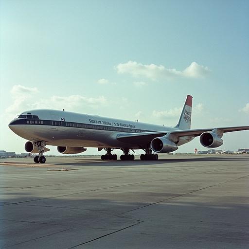 Realistic photo of a Boeing 707-320 airliner. Aircraft has four under-wing turbofan engines. Swept wings are prominent. Length of aircraft is 46.61 meters. Parked at the gate showing detailed view in sharp focus.