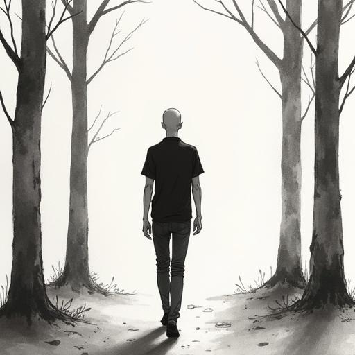 Minimalist silhouette of a bald human figure depicted in black standing in a serene forest. The artwork showcases delicate ink lines on textured paper with a monochrome style, inspired by traditional Asian brushwork.