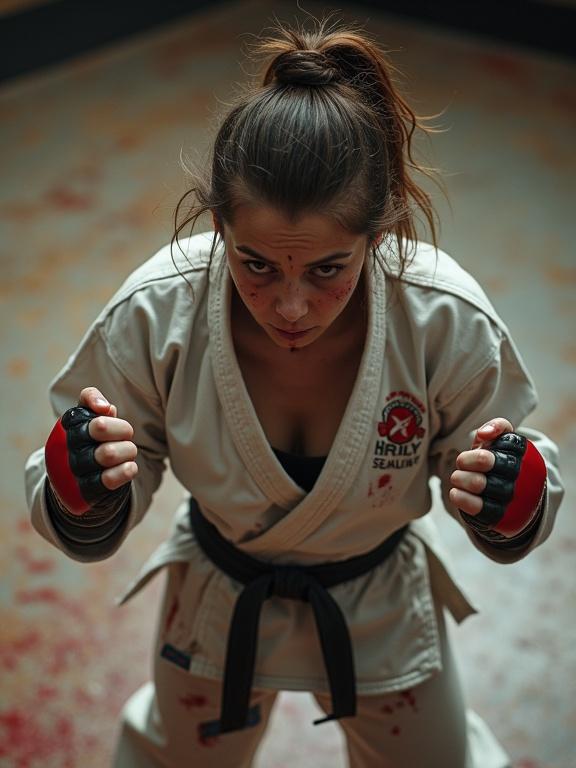 Full body view of an athletic woman in a worn-out karate gi. She has asymmetrical hair and bloody smudges. The woman appears exhausted but focused on winning. Heavy bruises on her face. Fists raised in an MMA arena.